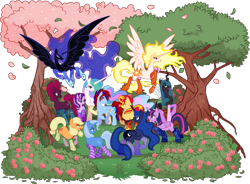 Size: 2237x1647 | Tagged: safe, artist:jennathedragon, derpibooru import, applejack, daybreaker, nightmare moon, princess celestia, princess luna, queen chrysalis, starlight glimmer, sunset shimmer, tempest shadow, trixie, twilight sparkle, twilight sparkle (alicorn), oc, alicorn, changeling, changeling queen, earth pony, pegasus, pony, unicorn, g4, bedroom eyes, bush, canon x oc, cherry blossoms, clothes, ethereal mane, ethereal tail, female, flower, flower blossom, flowing mane, flowing tail, group, horn, leaves, male, oc gets all the mares, outdoors, raised hoof, raised leg, rose, self paradox, self ponidox, simple background, smiling, socks, straight, striped socks, tail, transparent background, tree