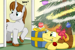 Size: 1800x1200 | Tagged: safe, artist:hoofclid, derpibooru import, braeburn, oc, oc:hoofclid, earth pony, pony, unicorn, g4, bow, canon x oc, christmas, christmas tree, duo, duo male, flower, flower in mouth, gay, grin, holiday, horn, male, mouth hold, present, rose, rose in mouth, smiling, stallion, tree