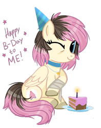 Size: 1541x1953 | Tagged: safe, artist:jennieoo, derpibooru import, oc, oc:gentle star, pony, bandage, birthday, birthday cake, cake, food, hat, one eye closed, party hat, solo, wink