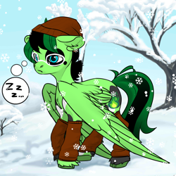 Size: 1024x1024 | Tagged: oc name needed, safe, artist:princess ice color twinkle, derpibooru import, oc, oc only, pegasus, avatar maker fantasy pony, beanie, body markings, clothes, eyeshadow, facial markings, glasses, green skin, hat, leg markings, leg warmers, makeup, male, onomatopoeia, outdoors, snow, snowfall, snowflake, socks, solo, sound effects, speech bubble, stallion, tail, tree, two toned mane, two toned tail, wings, wings down, zzz