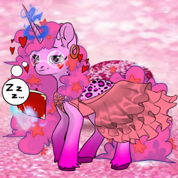 Size: 1024x1024 | Tagged: oc name needed, safe, artist:princess ice color twinkle, derpibooru import, oc, oc only, unicorn, avatar maker fantasy pony, book, clothes, dress, ear piercing, earring, eyelashes, glasses, glowing, glowing horn, gradient legs, heart, horn, jewelry, magic, magic aura, onomatopoeia, piercing, pink mane, pink skin, pink tail, sound effects, speech bubble, stars, tail, unshorn fetlocks, zzz