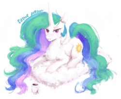 Size: 649x530 | Tagged: safe, artist:some_ponu, derpibooru import, princess celestia, alicorn, pony, g4, cloud, ms paint, mug, on a cloud, simple background, solo, white background