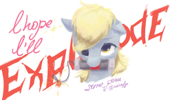 Size: 2125x1233 | Tagged: safe, artist:some_ponu, derpibooru import, derpy hooves, pony, g4, bomb, bust, derp, explosives, female, lit fuse, looking at you, mare, mouth hold, pipe bomb, portrait, simple background, tnt, weapon, white background