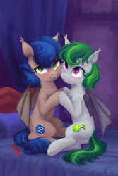 Size: 2000x3000 | Tagged: safe, artist:some_ponu, derpibooru import, oc, oc only, oc:inquisitive vigil, oc:ldblue, bat pony, pony, bat wings, blushing, duo, duo female, ear tufts, female, hug, indoors, mare, slit eyes, wings