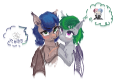 Size: 1810x1178 | Tagged: safe, artist:some_ponu, derpibooru import, oc, oc only, oc:inquisitive vigil, oc:ldblue, bat pony, pony, bat pony oc, bat wings, blushing, duo, duo female, ear tufts, female, no homo, simple background, white background, wings