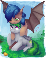 Size: 1800x2289 | Tagged: safe, artist:some_ponu, derpibooru import, oc, oc only, oc:inquisitive vigil, oc:ldblue, bat pony, pony, bat pony oc, bat wings, duo, ear tufts, female, flying, folded wings, hug, mare, outdoors, slit eyes, spread wings, wings