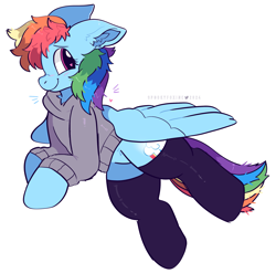 Size: 2459x2433 | Tagged: safe, artist:spookyfoxinc, derpibooru import, rainbow dash, pegasus, pony, g4, blushing, clothes, female, heart, heart eyes, hoodie, mare, simple background, smiling, socks, solo, spread wings, white background, wingding eyes, wings