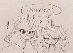 Size: 2048x1500 | Tagged: safe, artist:liaaqila, derpibooru import, princess celestia, princess luna, alicorn, pony, g4, duo, duo female, eyes closed, female, mare, morning, open mouth, royal sisters, siblings, sisters, sketch, traditional art