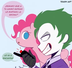 Size: 2048x1933 | Tagged: safe, artist:eltrash_art6, derpibooru import, pinkie pie, earth pony, pony, g4, batman, blue background, clothes, crossover, dc comics, detonator, duo, duo male and female, evil smile, female, gloves, grin, male, mare, necktie, open mouth, shirt, simple background, smiling, spanish, suit, the joker, this will end in death, this will end in tears, this will end in tears and/or death, translated in the description