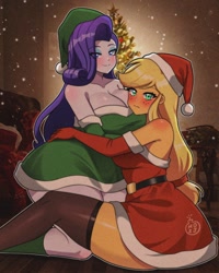 Size: 1024x1280 | Tagged: safe, artist:masterdestroyzj, derpibooru import, applejack, rarity, human, equestria girls, g4, applerack, big breasts, blushing, breasts, christmas, cleavage, clothes, costume, duo, duo female, female, holiday, lesbian, rarijack, raritits, santa costume, shipping, smiling