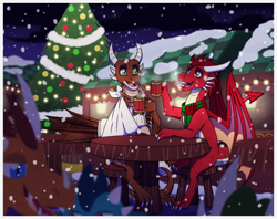 Size: 1772x1400 | Tagged: safe, artist:inuhoshi-to-darkpen, derpibooru import, oc, oc:ash, oc:thornacious, dragon, bandage, broken bone, broken wing, cast, christmas market, claws, colored wings, commission, dragon oc, dragonified, injured, mulled wine, non-pony oc, nonbinary, outdoors, passepartout, sling, snow, snowfall, species swap, tail, wings, wyvern