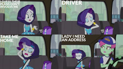 Size: 1280x720 | Tagged: safe, derpibooru import, edit, edited screencap, editor:quoterific, screencap, cab callaway, rarity, human, better together, equestria girls, fomo, g4, rarity peplum dress, seatbelt, taxi