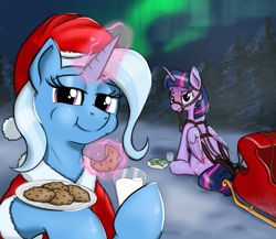 Size: 2357x2044 | Tagged: safe, artist:eels, derpibooru import, trixie, twilight sparkle, twilight sparkle (alicorn), alicorn, pony, unicorn, g4, christmas, clothes, cookie, costume, eating, food, glowing, glowing horn, harness, hat, holiday, hoof hold, horn, looking at someone, looking at you, magic, milk, night, outdoors, plate, santa costume, santa hat, santa's sleigh, sitting, sleigh, snow, sternocleidomastoid, telekinesis, tree, winter