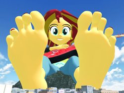 Size: 5000x3750 | Tagged: safe, artist:dragonalex555, derpibooru import, sunset shimmer, human, equestria girls, friendship games, g4, 3d, barefoot, electric guitar, feet, female, fetish, foot fetish, giant human, giantess, guitar, guitar solo, macro, mmd, musical instrument, nail polish, outdoors, playing guitar, playing instrument, soles, toenail polish, toes