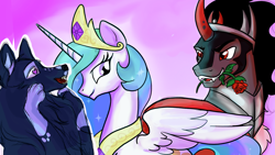 Size: 1920x1080 | Tagged: safe, artist:amanecerlobo, derpibooru import, king sombra, princess celestia, oc, alicorn, pony, unicorn, g4, female, flower, horn, male, rose, ship:celestibra, shipping, straight