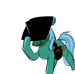 Size: 785x773 | Tagged: safe, artist:anonymous, derpibooru import, lyra heartstrings, pony, unicorn, g4, bag, black hat, black hat (villainous), drawthread, female, food, hat, horn, implied expensive imported oats, l.u.l.s., mare, oats, requested art, saddle bag, simple background, solo, stealing, white background