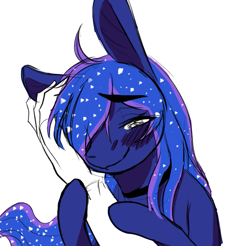 Size: 785x773 | Tagged: safe, artist:anonymous, derpibooru import, princess luna, human, pony, g4, big ears, blushing, drawthread, duo, ears, female, hand, mare, missing horn, offscreen character, offscreen human, ponified, requested art, simple background, species swap, white background