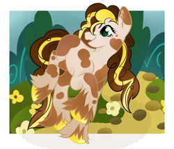 Size: 2144x1832 | Tagged: safe, artist:annuthecatgirl, derpibooru import, oc, oc only, curly hair, curly mane, curly tail, outdoors, passepartout, piebald coat, raised hoof, raised leg, solo, spots, tail, unshorn fetlocks