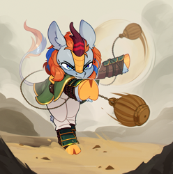 Size: 2479x2498 | Tagged: safe, artist:rexyseven, derpibooru import, oc, oc only, kirin, clothes, commission, kirin oc, meteor hammer, outdoors, solo