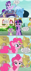 Size: 1136x2609 | Tagged: safe, artist:silverbuller, derpibooru import, screencap, pinkie pie, spike, starlight glimmer, trixie, twilight sparkle, twilight sparkle (alicorn), alicorn, dragon, earth pony, pony, unicorn, g4, ^^, breaking the fourth wall, comic, eyebrows, eyes closed, female, horn, lidded eyes, looking at you, mare, outdoors, ponyville, raised eyebrow, smiling, take that audience, trixie's wagon, wagon