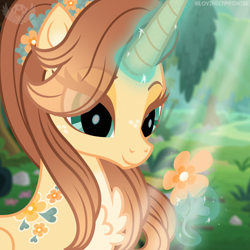 Size: 2000x2000 | Tagged: safe, artist:lovinglypromise, derpibooru import, oc, oc only, oc:marigold flair, pony, unicorn, blurry background, chest fluff, female, flower, horn, levitation, looking at something, magic, mare, outdoors, smiling, solo, telekinesis, tree