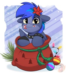 Size: 1822x1999 | Tagged: safe, artist:joaothejohn, derpibooru import, oc, oc only, oc:proffy floyd, bat pony, hybrid, pegabat, pegasus, pony, candy, candy cane, christmas, christmas lights, christmas ornament, commission, cute, decoration, ears, floppy ears, food, holiday, looking at you, passepartout, pegasus oc, santa sack, text, wings, ych result