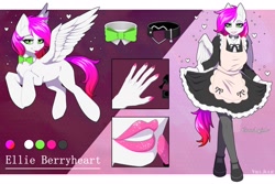 Size: 2560x1707 | Tagged: safe, artist:villjulie, derpibooru import, oc, oc only, oc:ellie berryheart, anthro, pegasus, g4, abstract background, apron, black eyeshadow, bowtie, clothes, collar, eyeshadow, female, green eyes, heels on a horse, housewife, lipstick, looking at you, maid, makeup, manicure, milf, nails, reference, smiley face, solo, sponge, stockings, thigh highs, tongue, tongue out, varnish, white wings, wings