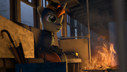 Size: 1920x1080 | Tagged: safe, artist:retro0range, derpibooru import, oc, oc:littlepip, fallout equestria, 3d, campfire, chair, clothes, jacket, overalls, pipbuck, solo, suit, train, umbrella, wagon, window