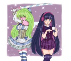 Size: 750x640 | Tagged: safe, artist:l3montina, derpibooru import, lemon zest, human, equestria girls, g4, clothes, clothes swap, crystal prep academy uniform, cup, duo, female, headphones, holiday, panty and stocking with garterbelt, passepartout, school uniform, signature, stockings, sword, teacup, thigh highs, weapon