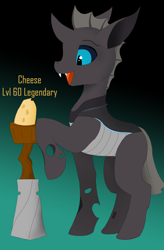 Size: 1600x2432 | Tagged: safe, artist:puginpocket, derpibooru import, oc, oc only, oc:lunason, changeling, changeling oc, cheese, excited, folded wings, food, gradient background, happy, legendary, looking at something, male, pedestal, raised hoof, raised leg, smiling, solo, standing, text, wings