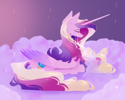 Size: 5000x4000 | Tagged: safe, artist:alisaluna22, derpibooru import, princess cadance, alicorn, pony, g4, cloud, crying, eyes closed, female, lying down, mare, outdoors, prone, signature, solo