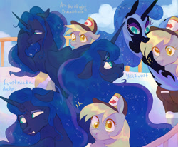 Size: 1700x1400 | Tagged: safe, artist:abbytabbys, derpibooru import, derpy hooves, nightmare moon, princess luna, alicorn, pegasus, pony, fanfic:broken destiny, g4, alternate universe, black coat, blonde, blonde mane, blue coat, blue mane, blue sky, blue tail, blue text, blush lines, blush scribble, blushing, broken destiny au, canterlot castle, clothes, cloud, colored eyebrows, colored eyelashes, colored pupils, day, derp, dialogue, duo, duo female, ears back, emanata, ethereal mane, eyebrows, eyebrows visible through hair, eyelashes, eyeshadow, fanfic art, female, flowing mane, flowing tail, folded wings, frown, golden eyes, gray coat, hallucination, hat, head turn, helmet, horn, lesbian, lidded eyes, long horn, looking at someone, lunaderp, mailmare, mailmare hat, mailmare uniform, makeup, mare, missing accessory, nightmare moon armor, open frown, open mouth, outdoors, plewds, profile, purple eyelashes, purple eyeshadow, question mark, rubbing eyes, shiny mane, shipping, shocked, sparkles, sparkly mane, sparkly tail, starry mane, starry tail, sweat, sweatdrops, tail, talking, teal eyes, three quarter view, tired, uniform, white pupils, wings, worried, yellow eyelashes, yellow pupils, yellow text