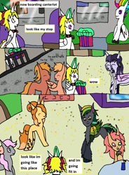 Size: 1246x1690 | Tagged: safe, artist:ask-luciavampire, derpibooru import, oc, oc:cinnamon vanilla melody, oc:drive, oc:ellen mina, oc:terra, alicorn, earth pony, pegasus, pony, unicorn, canterlot, changeling hybrid, comic, comic page, dragon hybrid, horn, multiple heads, tumblr, tumblr:ask-myth-melody-ponys, two heads