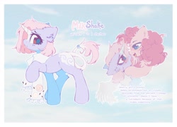 Size: 3700x2670 | Tagged: safe, artist:mirtash, derpibooru import, pinkie pie, oc, oc:milkshake (mirtash), pony, unicorn, g4, artificial wings, augmented, bags under eyes, big eyes, blank flank, blaze (coat marking), blue eyes, blue pupils, blue sky, blushing, brown eyes, canon x oc, clothes, coat markings, colored eyelashes, colored horn, colored pupils, curly hair, curly mane, day, drool, drool string, ear fluff, ear piercing, earring, ears, eyelashes, facial markings, female, female oc, frown, high res, hock fluff, hoof under chin, horn, jewelry, lavender coat, leonine tail, lesbian, lidded eyes, looking at each other, looking at someone, looking back, magic, magic wings, mare, mare oc, open mouth, open smile, passepartout, piercing, pink coat, pink mane, pink tail, profile, purple coat, purple eyelashes, purple text, raised hoof, raised leg, reference sheet, scarf, shiny eyes, short mane, sky background, smiling, smiling at someone, solo focus, standing, standing on three hooves, tail, text, thin tail, tongue, tongue out, two toned tail, unicorn horn, unicorn oc, white scarf, wings