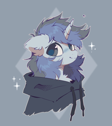 Size: 1354x1534 | Tagged: safe, artist:mirtash, derpibooru import, oc, oc only, oc:fef, pony, unicorn, bags under eyes, blue blush, blue coat, blue pupils, blush lines, blushing, bust, chest fluff, clothes, colored blushing, colored pupils, ear fluff, ears, emanata, eyebrows, eyebrows visible through hair, floppy ears, fluffy, fluffy mane, gray eyes, gray hoodie, hoodie, horn, lidded eyes, light blue coat, long mane, long mane male, looking back, male, male oc, outline, passepartout, ponysona, shaggy mane, shiny eyes, shiny mane, smiling, solo, sparkles, stallion, stallion oc, three quarter view, two toned mane, unicorn horn, unicorn oc