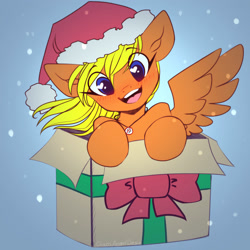 Size: 3000x3000 | Tagged: safe, artist:chaosangeldesu, derpibooru import, oc, oc only, pegasus, pony, blushing, box, christmas, commission, cute, female, hat, heart, heart eyes, holiday, looking at you, mare, santa hat, sketch, smiling, smiling at you, snow, solo, wingding eyes, ych result