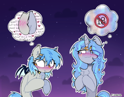 Size: 780x610 | Tagged: oc name needed, safe, alternate version, artist:flixanoa, derpibooru import, part of a set, oc, oc only, oc:cork, bat pony, pony, unicorn, :3, alternate character, bat pony oc, belly fluff, big eyes, blue eyes, blue mane, blue tail, blue wings, blush lines, blush scribble, blushing, braid, censored, chest fluff, circlet, cloud, collar, colored wings, commission, duo, duo female, ear fluff, ear tufts, ears, eye clipping through hair, eye markings, eyebrows, eyebrows visible through hair, eyelashes, fangs, female, female oc, golden eyes, gradient background, gray coat, hair accessory, hairclip, hock fluff, hoof blush, hooves together, horn, human shoulders, lesbian, lewd thoughts, lidded eyes, long mane, looking at someone, looking away, mane accessory, mare, mare oc, nervous, nervous smile, night, night background, oc x oc, outdoors, outline, shipping, short mane, shoulder fluff, signature, silver coat, sky background, slender, small wings, smiling, smiling at someone, spread wings, starry background, tail, thick horn, thin, thinking, thought bubble, tied mane, two toned mane, two toned tail, two toned wings, unicorn horn, unicorn oc, wavy mouth, wings, ych result