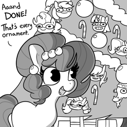 Size: 1500x1500 | Tagged: safe, artist:tjpones, derpibooru import, applejack, discord, fluttershy, pinkie pie, rainbow dash, rarity, twilight sparkle, oc, oc only, oc:brownie bun, earth pony, pony, g4, black and white, candy, candy cane, christmas, christmas ornament, christmas tree, decoration, dialogue, female, food, grayscale, holiday, mane six, mare, monochrome, open mouth, open smile, smiling, solo, tree