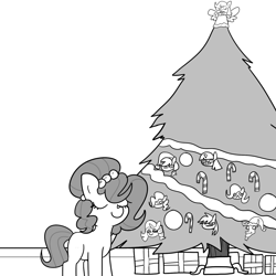 Size: 1500x1500 | Tagged: safe, artist:tjpones, derpibooru import, applejack, discord, fluttershy, marble pie, pinkie pie, rainbow dash, rarity, twilight sparkle, oc, oc only, oc:brownie bun, angel, earth pony, pony, g4, black and white, candy, candy cane, christmas, christmas ornament, christmas tree, decoration, eyes closed, female, food, grayscale, holiday, mane six, mare, monochrome, present, smiling, solo, tree, tree topper