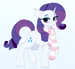 Size: 6568x6000 | Tagged: safe, artist:pesty_skillengton, derpibooru import, rarity, pony, unicorn, g4, blushing, chest fluff, clothes, ear fluff, ears, female, full body, horn, looking at you, looking sideways, mare, reflection, scarf, side view, smiling, smiling at you, solo, striped scarf