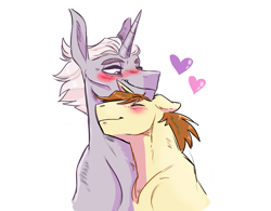 Size: 4555x3555 | Tagged: safe, artist:lauradoesdoodles, derpibooru import, donut joe, zesty gourmand, pony, unicorn, g4, blushing, crack shipping, duo, duo male and female, eyes closed, female, floating heart, heart, horn, male, mare, nuzzling, shipping, simple background, smiling, stallion, straight, white background