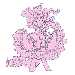 Size: 851x851 | Tagged: safe, artist:cutesykill, derpibooru import, rarity, semi-anthro, unicorn, g4, beauty mark, big ears, bow, bracelet, clothes, detached sleeves, dress, ears, eyelashes, eyes closed, female, flowing mane, frilly, frilly dress, horn, jewelry, lolita fashion, mare, monochrome, necklace, pearl bracelet, ringlets, simple background, smiling, standing, thick eyelashes, unicorn horn, white background, wristband