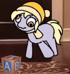 Size: 299x315 | Tagged: safe, artist:tamers12345, derpibooru import, derpy hooves, pegasus, pony, g4, blocks, clothes, door, female, indoors, looking at something, mare, my little pony the movie: hearth's warming in manehattan, scarf, solo, toy