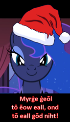 Size: 400x700 | Tagged: safe, artist:yet-one-more-idiot, derpibooru import, screencap, princess luna, alicorn, a royal problem, g4, a visit from st nicholas, christmas, cropped, female, hat, holiday, looking at you, mare, my little pony: friendship is magic, old english, poem, reaction image, santa hat, smiling, solo, translated in the comments, twas the night before christmas