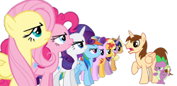 Size: 1473x720 | Tagged: safe, artist:bubbacheezit, derpibooru import, applejack, fluttershy, pinkie pie, rainbow dash, rarity, spike, starlight glimmer, sunset shimmer, twilight sparkle, oc, oc:caleb, dragon, earth pony, pegasus, pony, unicorn, g4, female, horn, male, mane six, mare, simple background, stallion, transparent background