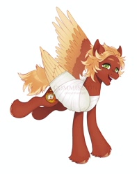 Size: 1615x2048 | Tagged: safe, artist:anemonaii, derpibooru import, oc, oc only, oc:golden flare, pegasus, pony, bandage, bandaged, bandaged wing, broken wing, brown hooves, bucking, colored eyebrows, colored hooves, colored wings, colored wingtips, commission, cute, feathered wings, freckles, green eyes, grin, hooves, injured wing, looking at you, neck freckles, nonbinary, nonbinary oc, ocbetes, one wing out, open mouth, open smile, orange mane, orange tail, red coat, shiny hooves, shiny mane, shiny tail, short mane, simple background, smiling, smiling at you, tail, three quarter view, three toned wings, two toned mane, two toned tail, unshorn fetlocks, watermark, white background, wings, yellow wingtips