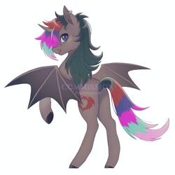 Size: 2048x2044 | Tagged: oc name needed, safe, artist:anemonaii, derpibooru import, oc, oc only, alicorn, bat pony, bat pony alicorn, pony, alicorn oc, ambiguous gender, bat pony alicorn oc, bat pony oc, bat wings, brown coat, brown hooves, colored hooves, colored pinnae, colored pupils, colored wings, commission, ear fluff, ear piercing, earring, ears, gradient mane, gradient wings, gray hooves, green mane, high res, hooves, horn, jewelry, long mane, looking at you, looking back, looking back at you, multicolored mane, multicolored tail, piercing, profile, purple eyes, purple pupils, rear view, rearing, shiny mane, shiny tail, simple background, slit eyes, smiling, smiling at you, solo, spread wings, tail, thin, two toned wings, watermark, white background, wings