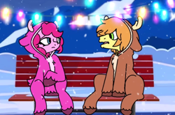 Size: 944x624 | Tagged: safe, artist:tamers12345, derpibooru import, braeburn, pinkie pie, earth pony, pony, g4, animal costume, bench, christmas, christmas lights, costume, female, hearth's warming, holiday, looking at each other, looking at someone, male, mare, my little pony the movie: hearth's warming in manehattan, outdoors, reindeer costume, sitting, snow, stallion