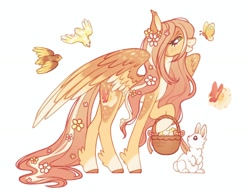 Size: 1620x1246 | Tagged: safe, artist:anemonaii, derpibooru import, part of a set, angel bunny, fluttershy, bird, butterfly, pegasus, pony, rabbit, g4, alternate cutie mark, alternate design, alternate eye color, alternate hairstyle, alternate tailstyle, animal, basket, blaze (coat marking), blush scribble, blushing, brown hooves, coat markings, colored ears, colored hooves, colored pinnae, colored wings, colored wingtips, concave belly, countershading, cute, duo, duo male and female, ear tufts, eyelashes, facial markings, female, flower, flower basket, flower in hair, flower in tail, flower on ear, flowing mane, flowing tail, gradient pinnae, green eyes, hoof hold, hooves, large wings, leg fluff, lidded eyes, long eyelashes, long legs, long mane, long tail, looking at someone, looking at something, male, mare, mealy mouth (coat marking), partially open wings, pink mane, pink tail, profile, redesign, shyabetes, signature, simple background, slender, smiling, socks (coat marking), solo focus, spots, spotted wings, standing, standing on three hooves, tail, tallershy, thin, thin legs, two toned mane, two toned tail, wavy mane, wavy tail, white background, white wingtips, wings, yellow coat