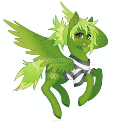 Size: 1936x2048 | Tagged: oc name needed, safe, artist:anemonaii, derpibooru import, oc, oc only, pegasus, pony, brown eyes, clothes, colored eyebrows, colored hooves, colored pinnae, colored wings, colored wingtips, commission, eyelashes, female, female oc, flying, gradient pinnae, gradient wings, green, green coat, green hooves, green mane, green tail, green wingtips, hooves, looking at you, mare oc, pegasus oc, ponytail, shiny mane, shiny tail, shirt, signature, simple background, smiling, smiling at you, solo, spiky mane, spiky tail, spread wings, striped shirt, tail, three quarter view, tied mane, tongue, tongue out, two toned mane, two toned tail, watermark, white background, wings